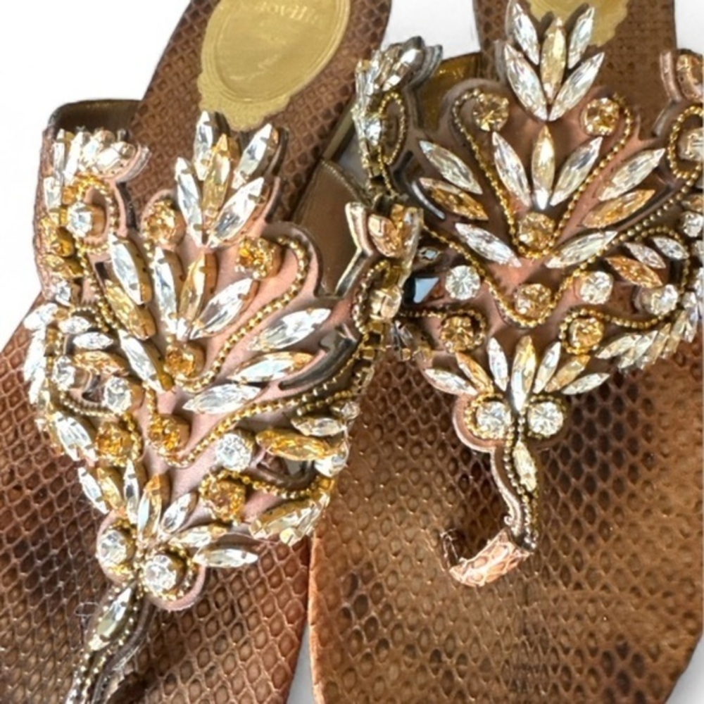 Rene Caovilla Crystal Leaf Sandals Metallic Gold Wedge Thong IT 38.5 US 8.5